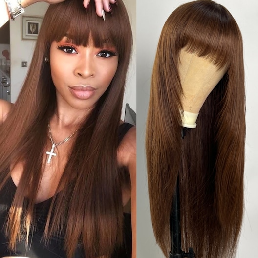 14 inches Layer Cut Mocha Medium Brown Glueless Beginner Friendly Straight Wig With Bangs