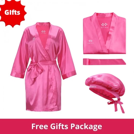 UNice 2 Free Gifts Package Pink Silk Robe and Adjustable Hair Bonnets Night Cap Tiktok Only